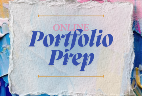 abstract painting background, "online portfolio prep" as class title on top