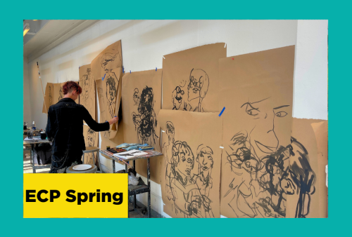 a teen adjusts giant pieces of butcher block paper on which they have drawn large expressive renderings of the figure in charcoal at the art institute of chicago