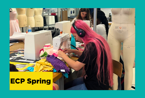 a cool girl with long pink hair assembles her fashion line on a sewing machine at the school of the art institute of chicago