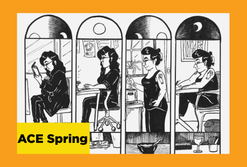 black and white graphic comic with four panels arched at the top like you are looking through a window at a woman in various stages through time