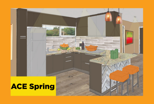 a rendering of a mid-century modern kitchen