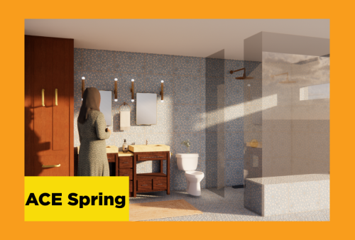 an architectural rendering of a bathroom with a woman looking on, reminiscent of Edward Hopper paintings