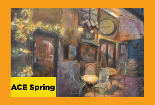 a soft nighttime painting of a cafe, very romantic looking