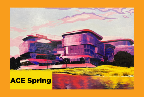 a complimentary colored painting of purples and yellows of a suburban office building
