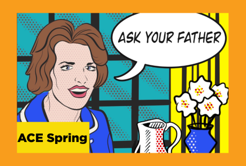 a piece inspired by lichtenstein's pop art shows a woman saying, "ask your father" primarily blue and yellows with red dotted in