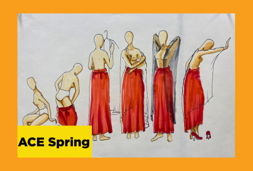 a fashion illustration of a woman wearing a long red skirt in various positions