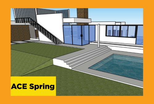 a rendering of a residential yard in malibu with a view of the ocean and a pool