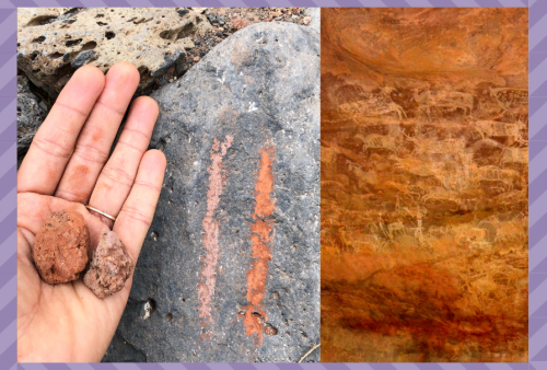A hand holds two pigment rocks against the marks they make on a stone, a closeup of a mineral rock face