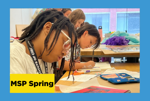 a row of girls deep in concentration recedes from the foreground on as they create comics and graphic novels at the school of the art institute of chicago