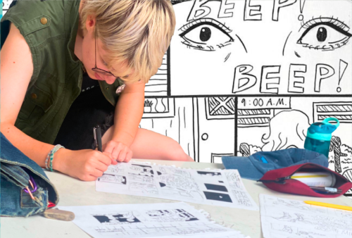 a teen in deep concentration inks their comic, the panels large in the background