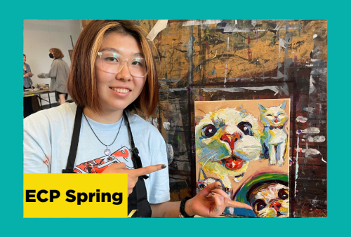 a teenager displays her cool oil painting of crazy cats like she's vanna white on wheel of fortune, only these cats and this painting are way cooler than that at the school of the art institute of chicago