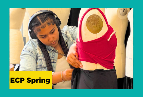 a teenage girl meticulously pins her fashion design to a dress form at the school of the art institute of chicago