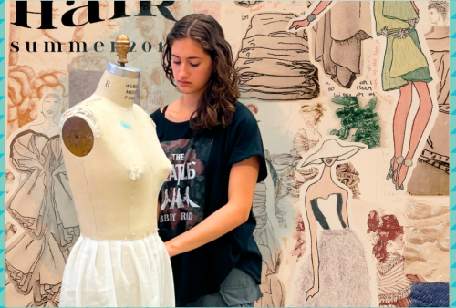 a girl pins a white skirt to a dress form, a collage of fashion cuts outs are in the background