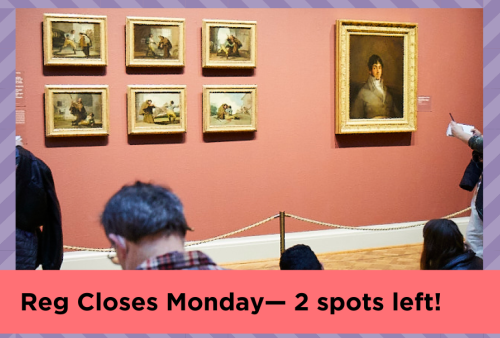 a group of people study images that look like they are from the 1700's, perhaps European or early american, hanging in the museum