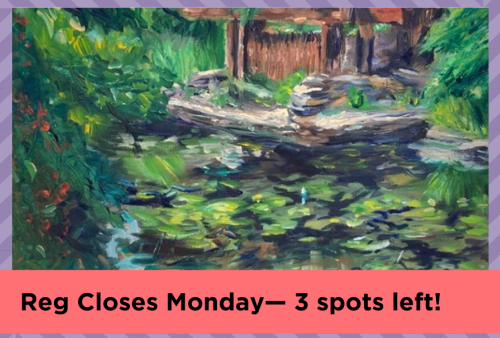 oil painting of a lush and muddy riverside filled with lily pads, a fallen log, and shrubs growing on the banks