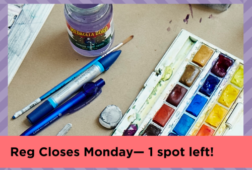 a palette of watercolor paints sits in the studio besides some brushes and pens and a jar of water