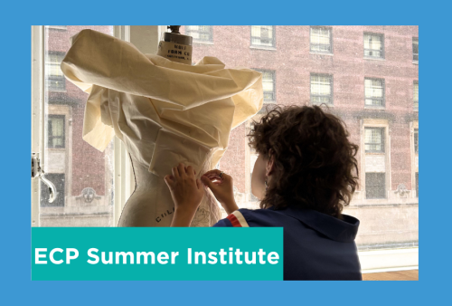 a student pins fabric akin to winged victory to a dress form in front of the backdrop of the chicago cityscape