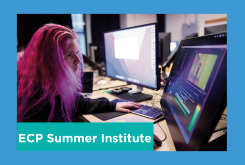 a girl with pink hair like a mermaid animates her project on a computer