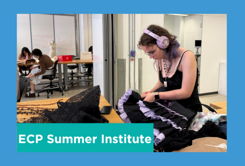 a young girl constructs a can-can looking skirt while wearing lavender headphones