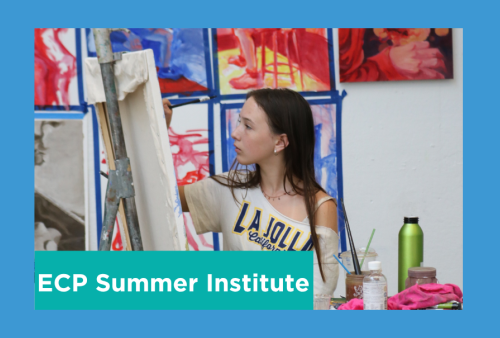 a teen paints on a canvas with bold paintings in primary colors behind her