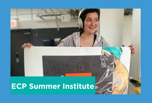 a student proudly hold up her dope drawing of a person in front of some cool squares