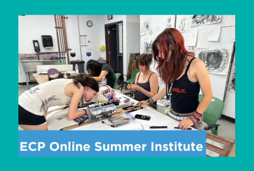 a gaggle of girls concentrate together as they create their experimental drawings