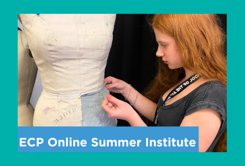 a red haired student pins her fabric to a dress form