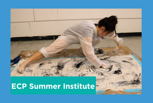 a student stretches her body across her work drawing with her hands
