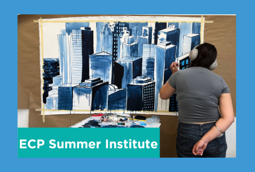 a student works on her blue cityscape