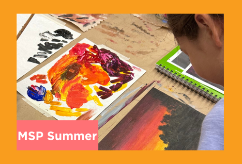 a young student mixes an incredible color palette to paint a picture of a dramatic sunset