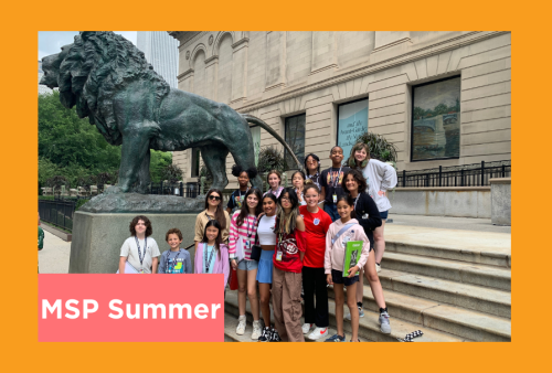 a drawing and painting class pose in front of the lions at the art institute