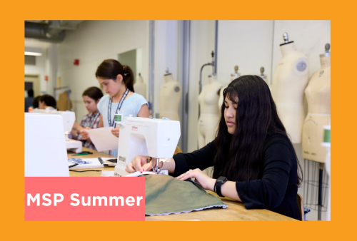 young fashion designers feed their fabric through machines at the art institute