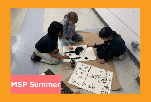 students work on a group ink project as they learn mark-making techniques with ink