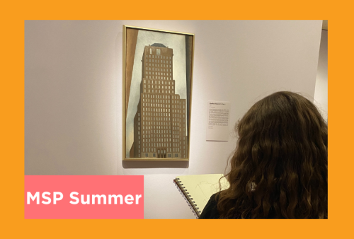 a student sketches in front of a georgia okeefe painting from her time spent in new york city