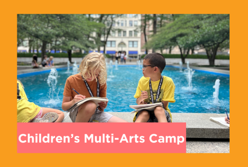 two boys draw in their sketchbooks on a beautiful day in downtown chicago
