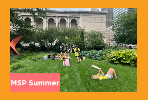a group of young students sketch in the art intstitute sculpture garden surrounded by skyscrapers in downtown chicago
