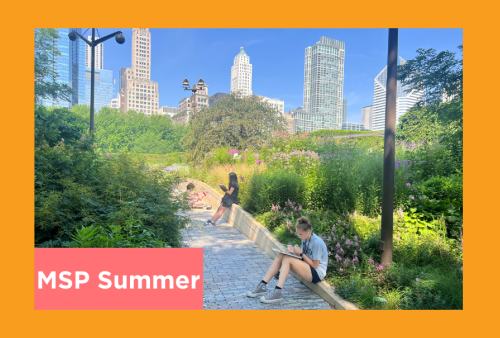 students draw in the lurie children's garden on a beautiful summer day