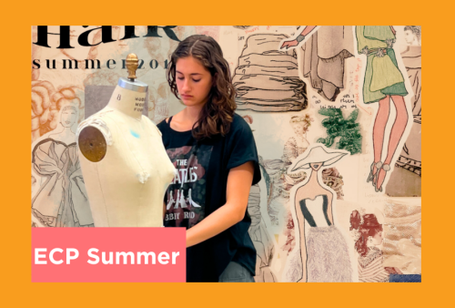 a girl uses a dress form fitting as inspiration for her designs