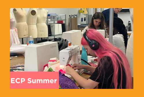 a pink haired girl sews some clothes