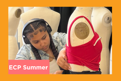 a young girl designs her clothes on a dress form