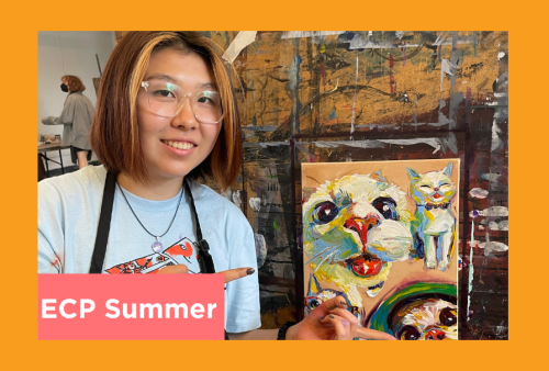 a teen shows off their oil painting of cats