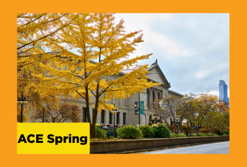 The front facade of the Art Institute museum with fall trees in front