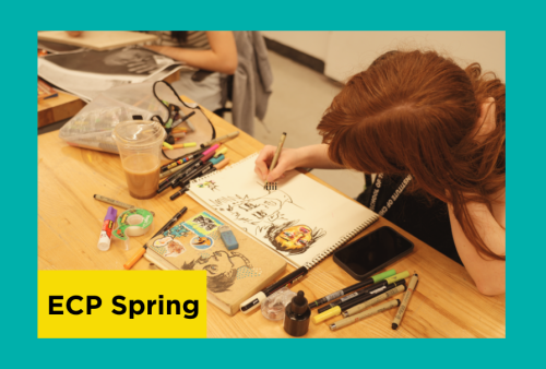 A girl at a table drawing with drawing materials all around her