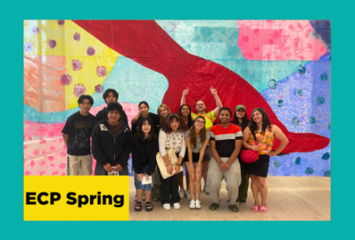 Students gathered together in front of a fiber art piece in excitement