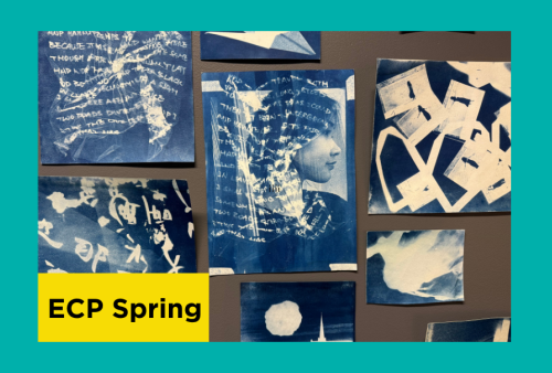 Multiple cyanotypes of people and objects laid out on a surface