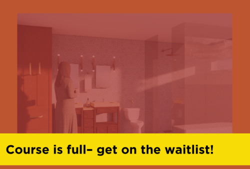 Rendering of a woman standing in a bathroom space
