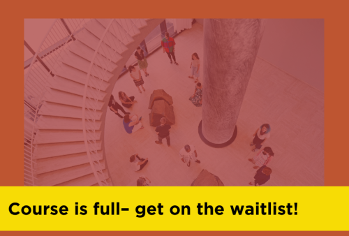 an overhead view of students looking at artwork near a staircase