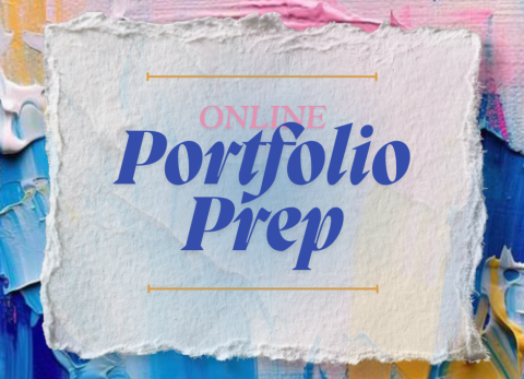 abstract painting background, "online portfolio prep" as class title on top