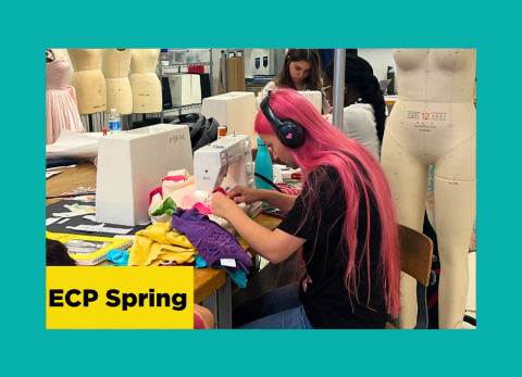 a cool girl with long pink hair assembles her fashion line on a sewing machine at the school of the art institute of chicago