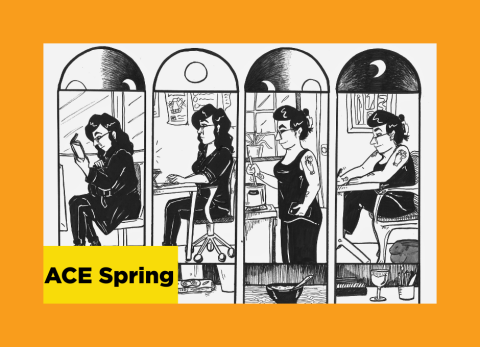 black and white graphic comic with four panels arched at the top like you are looking through a window at a woman in various stages through time